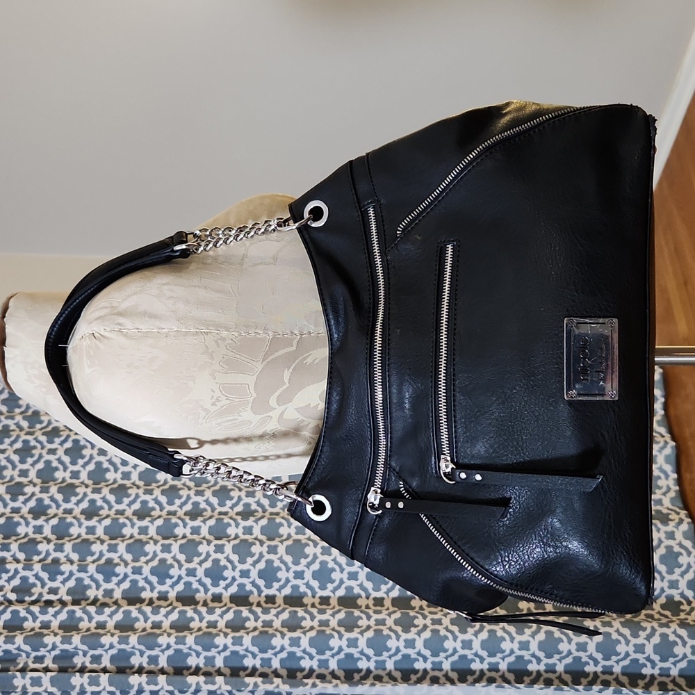 Nicole Miller Black and Silver Shoulder Bag with Chain Straps - Picture 12 of 16